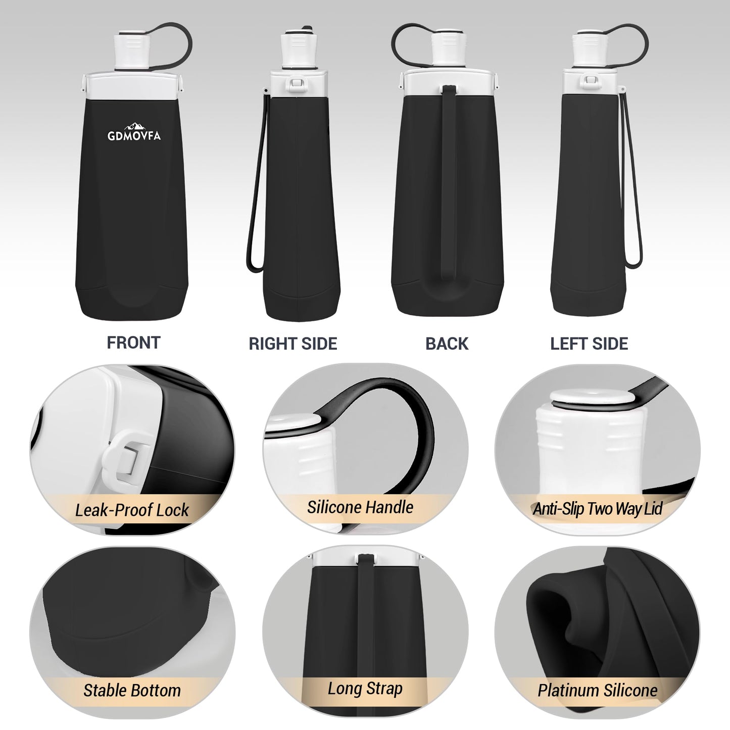 GDMOVFA Collapsible Water Bottles,20oz Reusable Silicone Foldable Water Bottle,Portable Leak-proof Collapsible Water Bottle for Traveling Camping Hiking Cycling Yoga Sports Outdoor (Black)