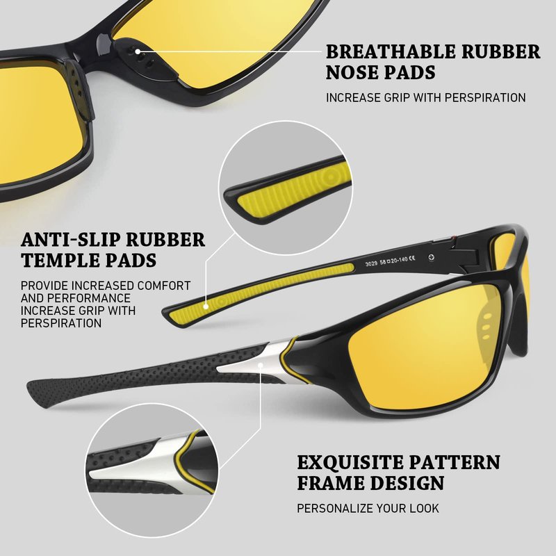 WEAROYO Night Vision Driving Glasses for Men Women,Sports Style Wrap Around Anti Glare with Polarized Yellow Lens