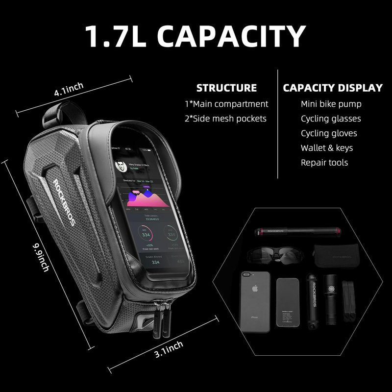 ROCKBROS Bike Phone Bag Waterproof Bike Bag Phone Mount EVA Hard Shell Bike Pouch with Rain Cover Compatible with iPhone 14/12/11 Pro XR XS Max Phones Below 6.8”