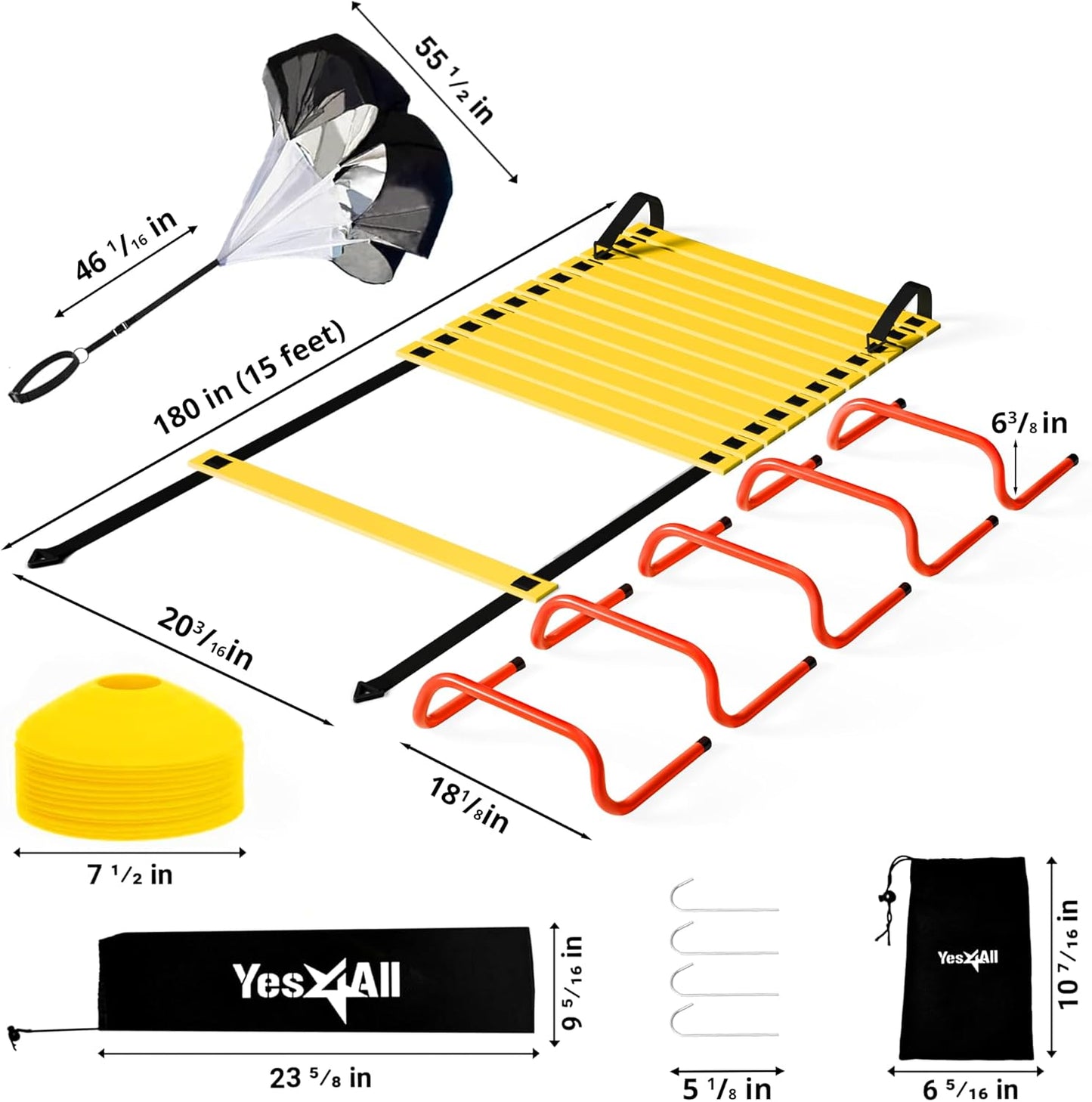 Yes4All Agility Ladder Set - Speed Training Equipment with Adjustable Ladder, Cones, Hurdles & More