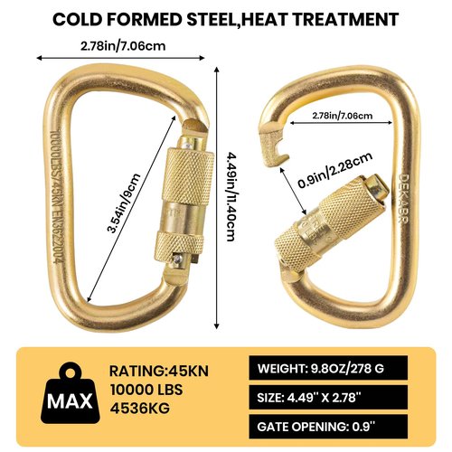 DEKABR Heavy Duty Steel Auto-Locking Climbing Carabiner - 45KN Twist Lock Carabiner for Rock and Tree Climbing, Quick Release, Rescue, and Mountaineering. ANAB Certified, 4.21-inch, Large, Gold