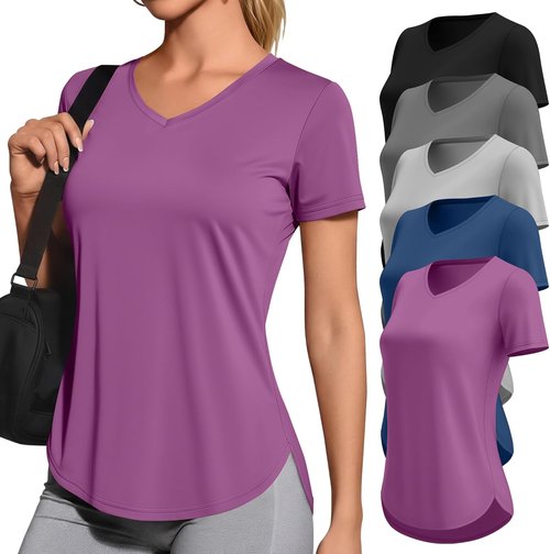 Locoowai Women's Workout Shirts - V-Neck Quick Dry Tops with UPF 50+ Protection | 5-Pack Short Sleeve Tees