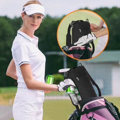 Golf Cooler Bag for Men Women, Small Soft Insulated Beer Cooler Holds 6 Pack of Cans or Two Wine Bottles, Portable Golf Accessories Cooler Sleeve for Camping Picnic Beach Outdoor (Black)