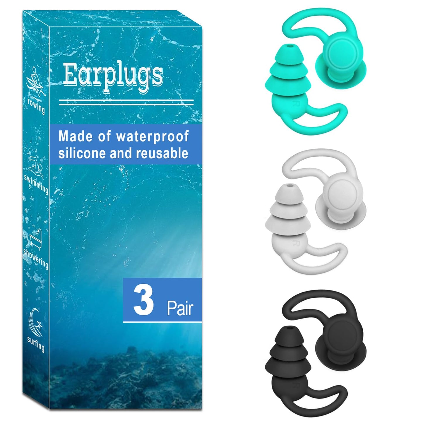 Ear Plugs for Swimming, 3 Pairs Swim EarPlugs, Waterproof Reusable Swim Ear Plugs for Adults, Keep Water Out and Ear Protection, Perfect for Showering, Pool, Diving, and Other Water Sports.