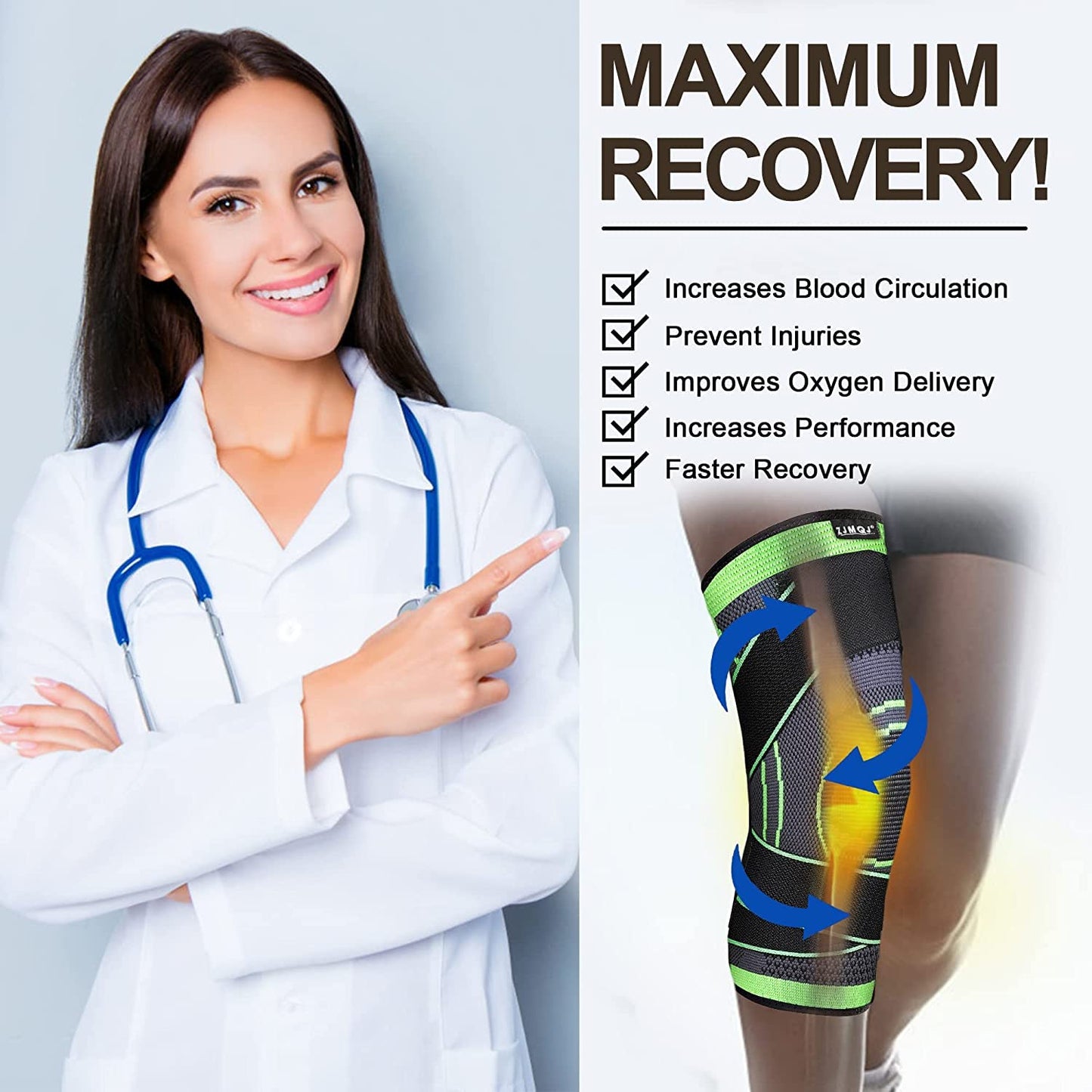 ZJMQJ Knee Brace with Straps for Women/Men, Knee Compression Sleeve for Knee Pain, Arthritis, ACL, PCL, Meniscus Tear, Joint Pain Relief. Knee Support for Running, Workout, 1 pcs (Green, L/XL)