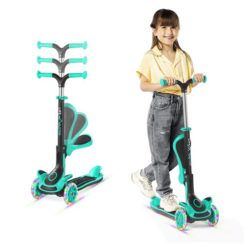 3 Wheel Scooter for Kids with Foldable Seat, Adjustable Handlebar Height, Lean-to-Steer Ride On Toy for Kids Ages 2+, Light-Up LED Wheels, Wide Anti Slip Deck, Indoor & Outdoor Use, Teal
