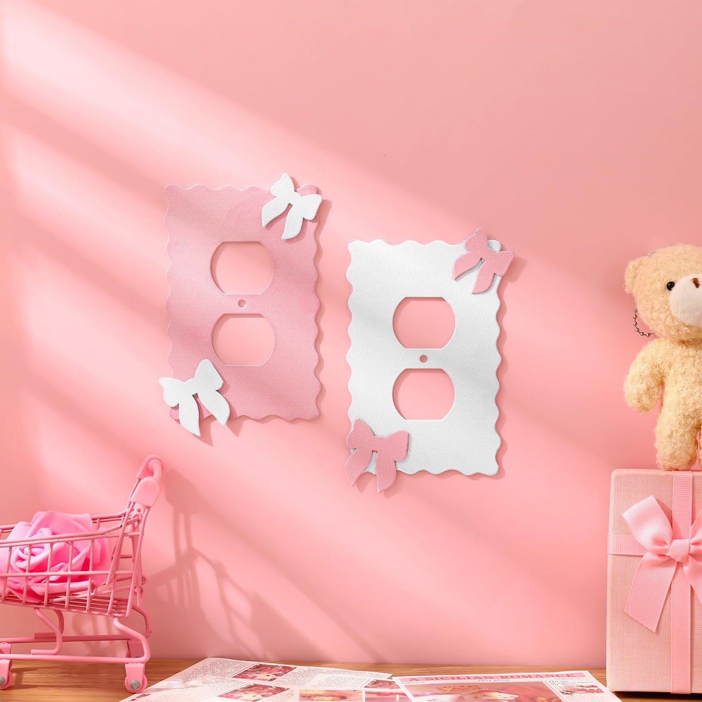 Relaxweex 2 Pcs Pink and white Duplex Outlet Covers Wall Plate Room Decor Metal Pink and White Cute Decorative Outlet Cover for Bedroom Home Decor(Bow)