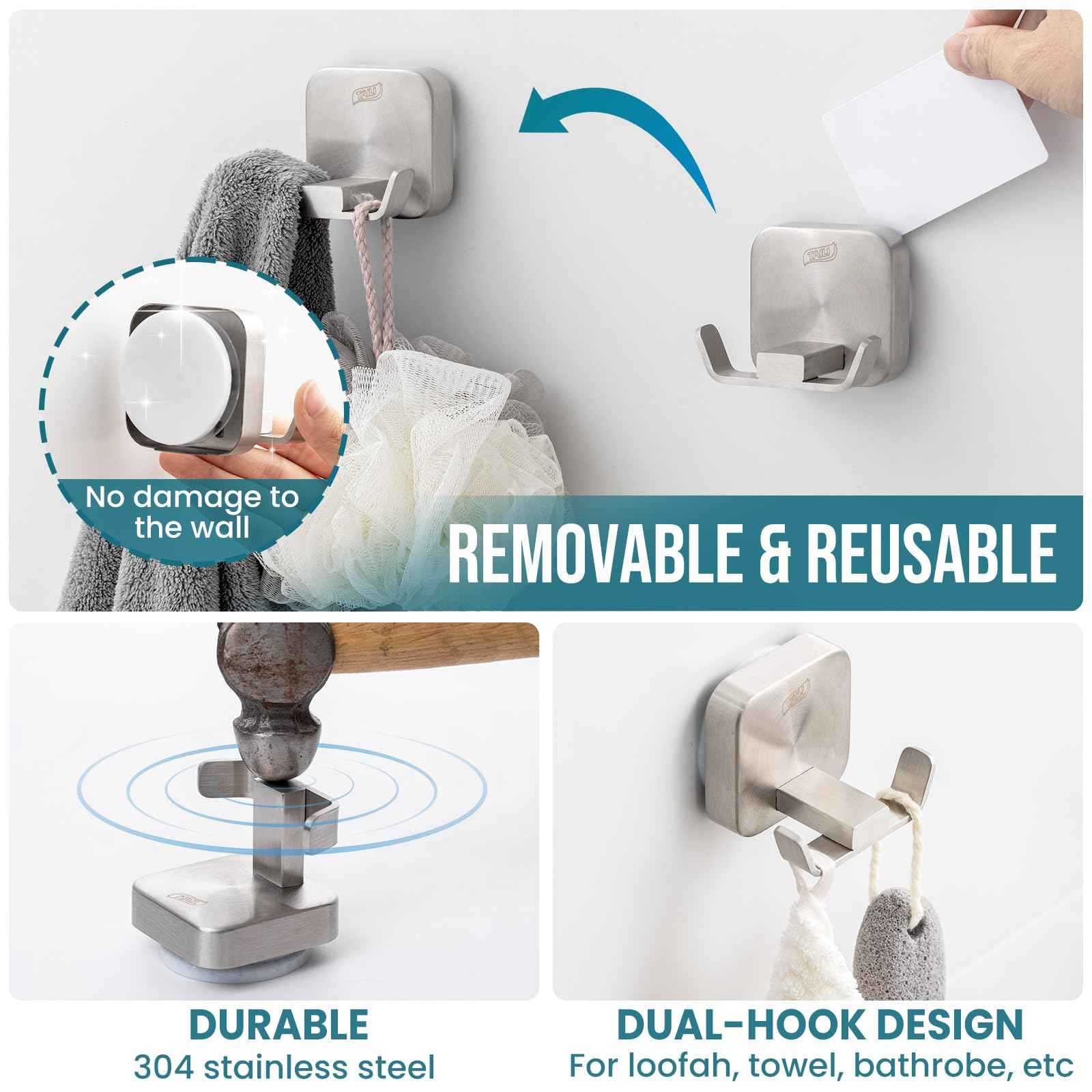 TAILI Stylish 304 Stainless Steel Bathroom Suction Hooks for Towel, Bathrobe, Loofah, No Damage Hanging Glass Shower Wall Hook, Patented Strong Suction Cup Holder, Hold Up to 11 Lbs, U-Cuboid Silver
