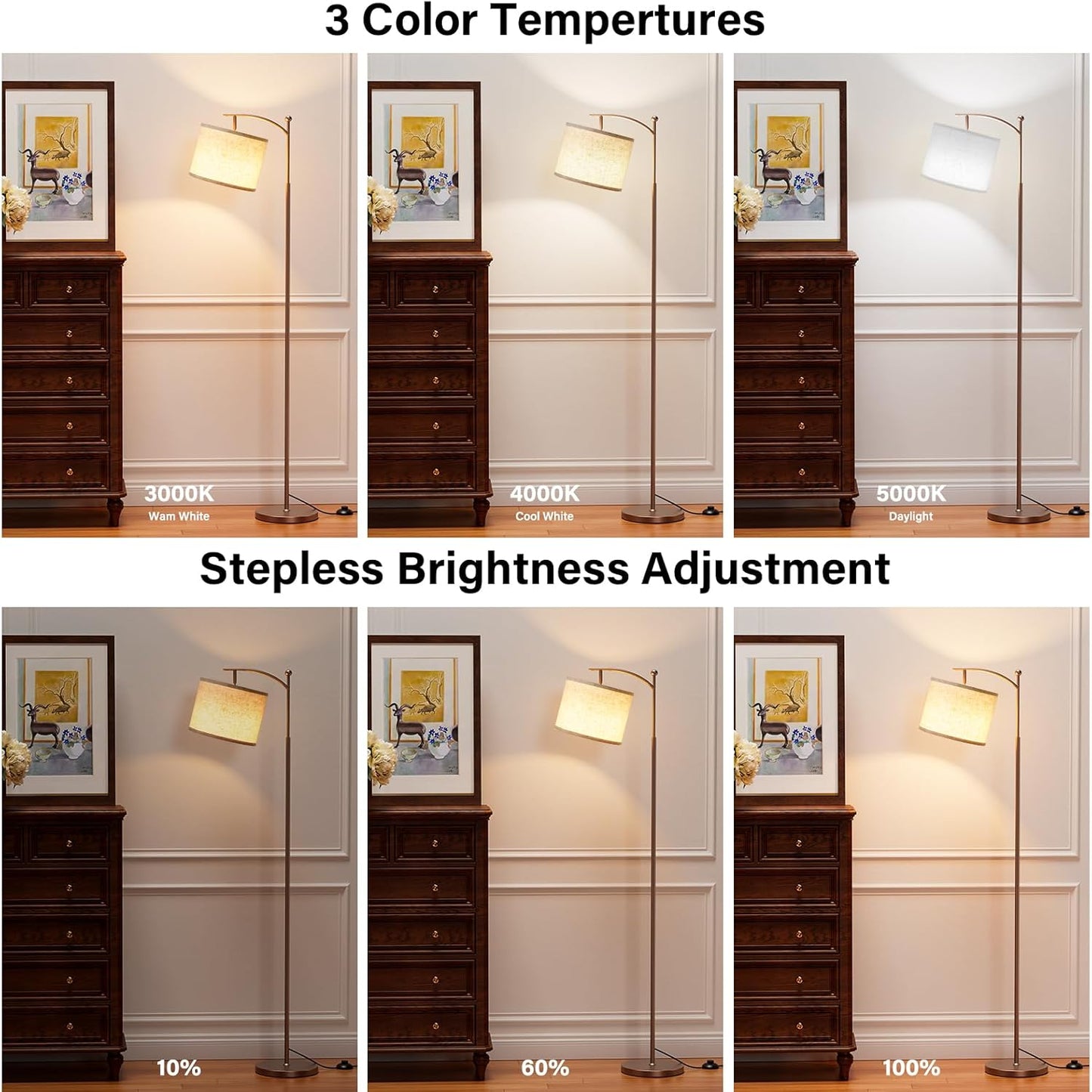 Modern 60" Floor Lamp with Remote Control & Dimmable LED Bulb - Beige Shade, Adjustable Brightness for Living Room