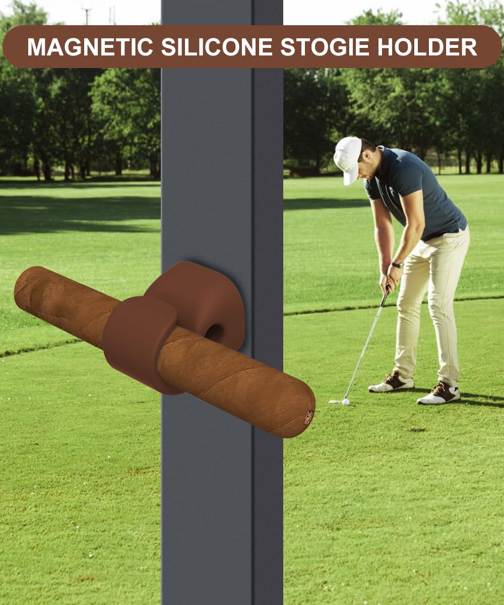 Magnetic Stogie Holder for Golf Cart,Universal Golf Cart Silicone Magnetic Holder Clip Mount Adjustable Fits 20 to 70 Ring Gauge Design, Attach to Metal & Stainless Steel Fits Golfing (Brown)