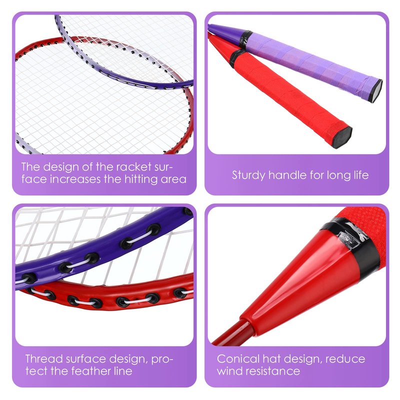 Meooeck 12 Pcs Badminton Rackets Set for Adults and Teenagers Badminton Set with 12 Pcs Nylon Shuttlecocks for Backyard Gym Beach Outdoor Games, Red, Purple and Blue