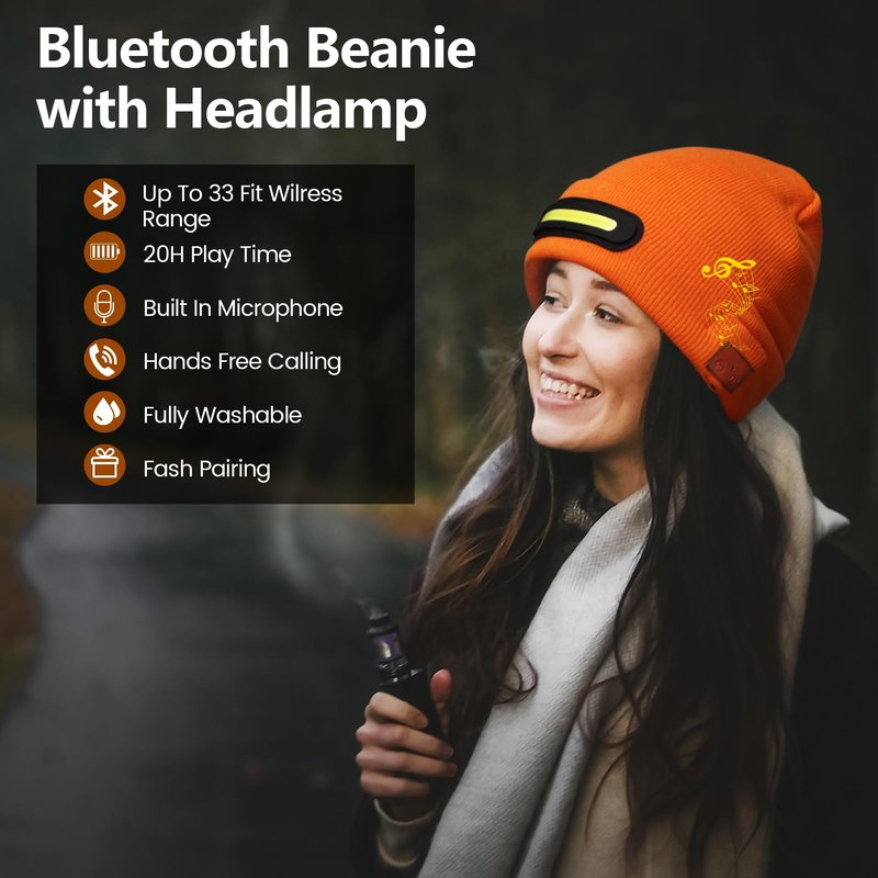 RANCOVY Bluetooth Beanie with Light, Musical Knit Hat with Wireless Headphone, LED Beanie with Bluetooth for Men Women Grey