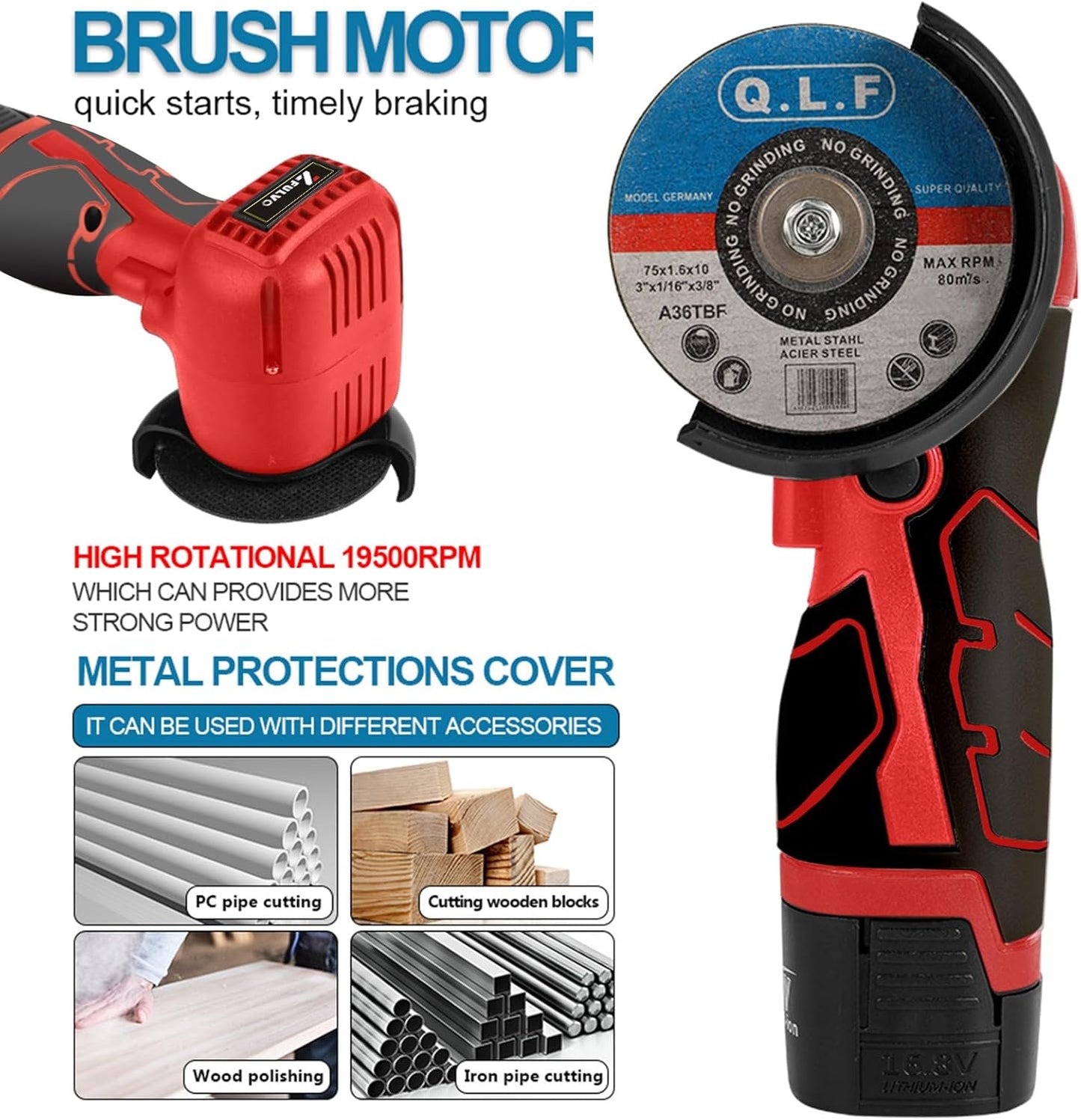 Mini Cordless Angle Grinder Kit - 19500 RPM Electric Tool with 2 Batteries & 5 Cutting Discs for Metal & Wood