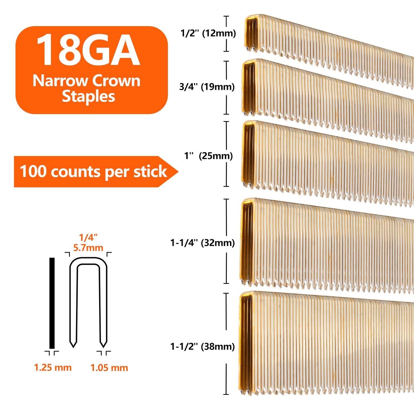 SITLDY 1000-Count 1/2 Inch Length, 18 Gauge 1/4 Inch Narrow Crown Staples, Heavy Duty Beveled Chiseled Pointed Galvanized Staples, for Pneumatic, Electric 18GA Stapler Gun