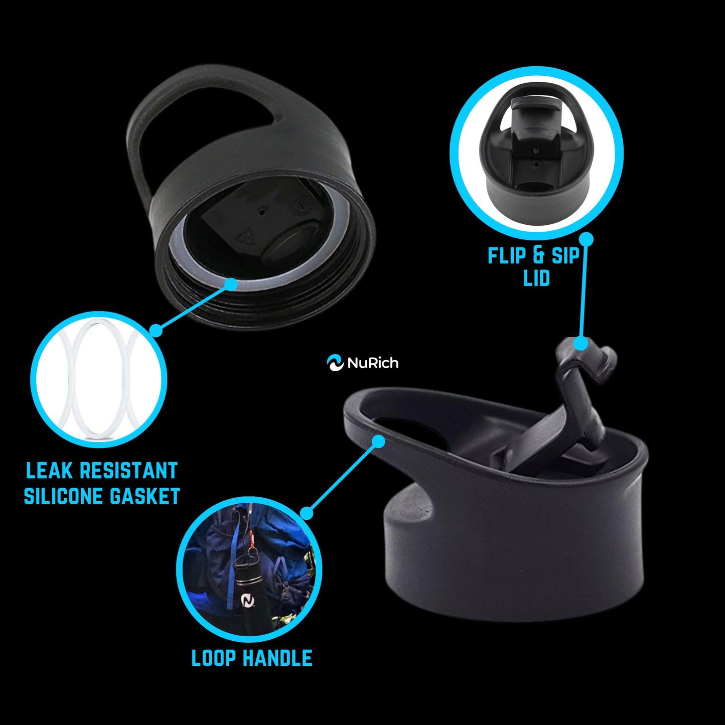 NuRich Hydro Wide Mouth Flip and Sip Replacement Coffee Lid or Cap with Handle Accessories Compatible with Hydroflask, Nalgene, and Many More Top Water Bottle Brands Sizes 12 16 18 20 32 40 64 Ounce