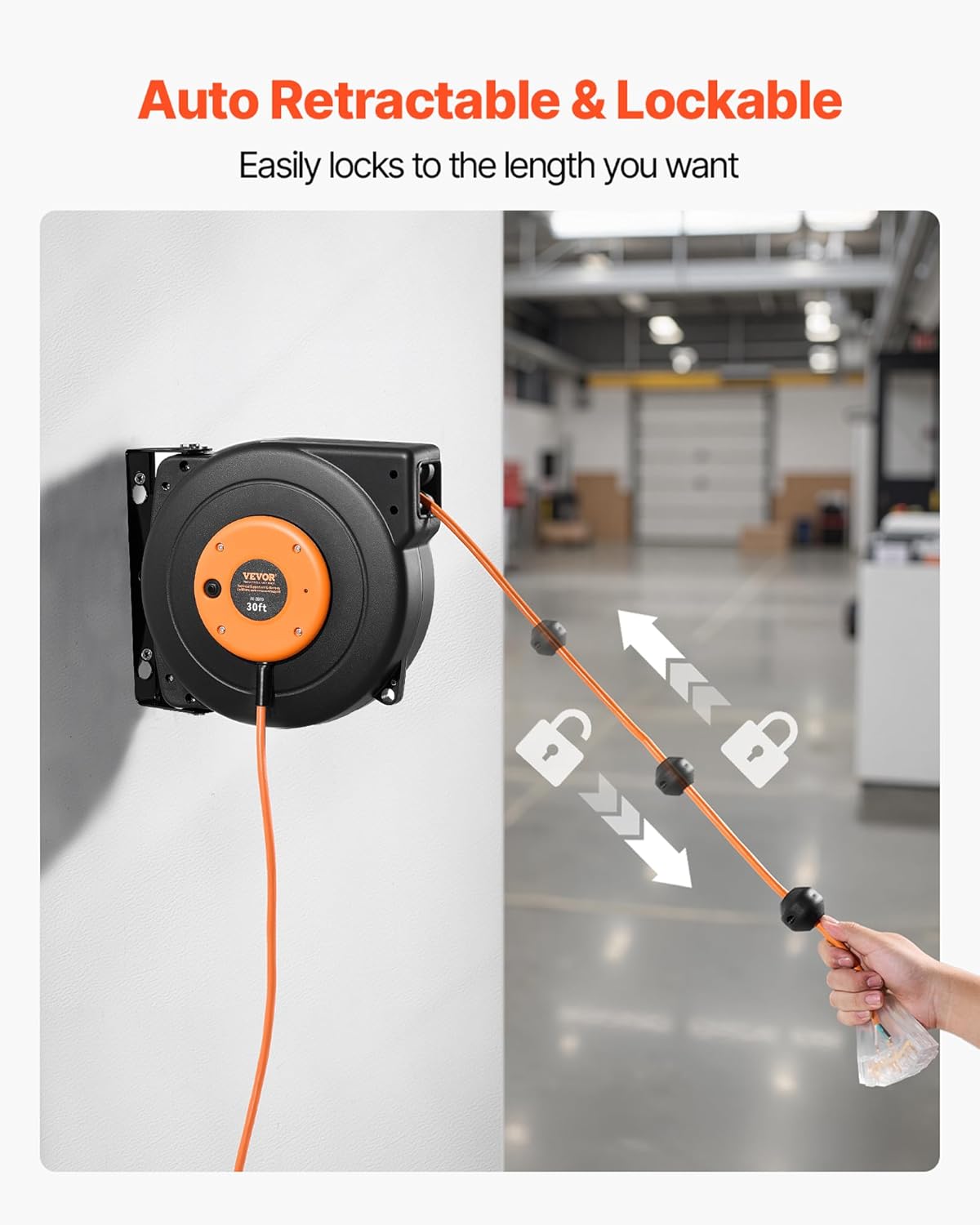 30 FT Retractable Extension Cord Reel - Heavy Duty 16AWG with Lighted Triple Tap Outlet & Circuit Breaker for Garage/Shop