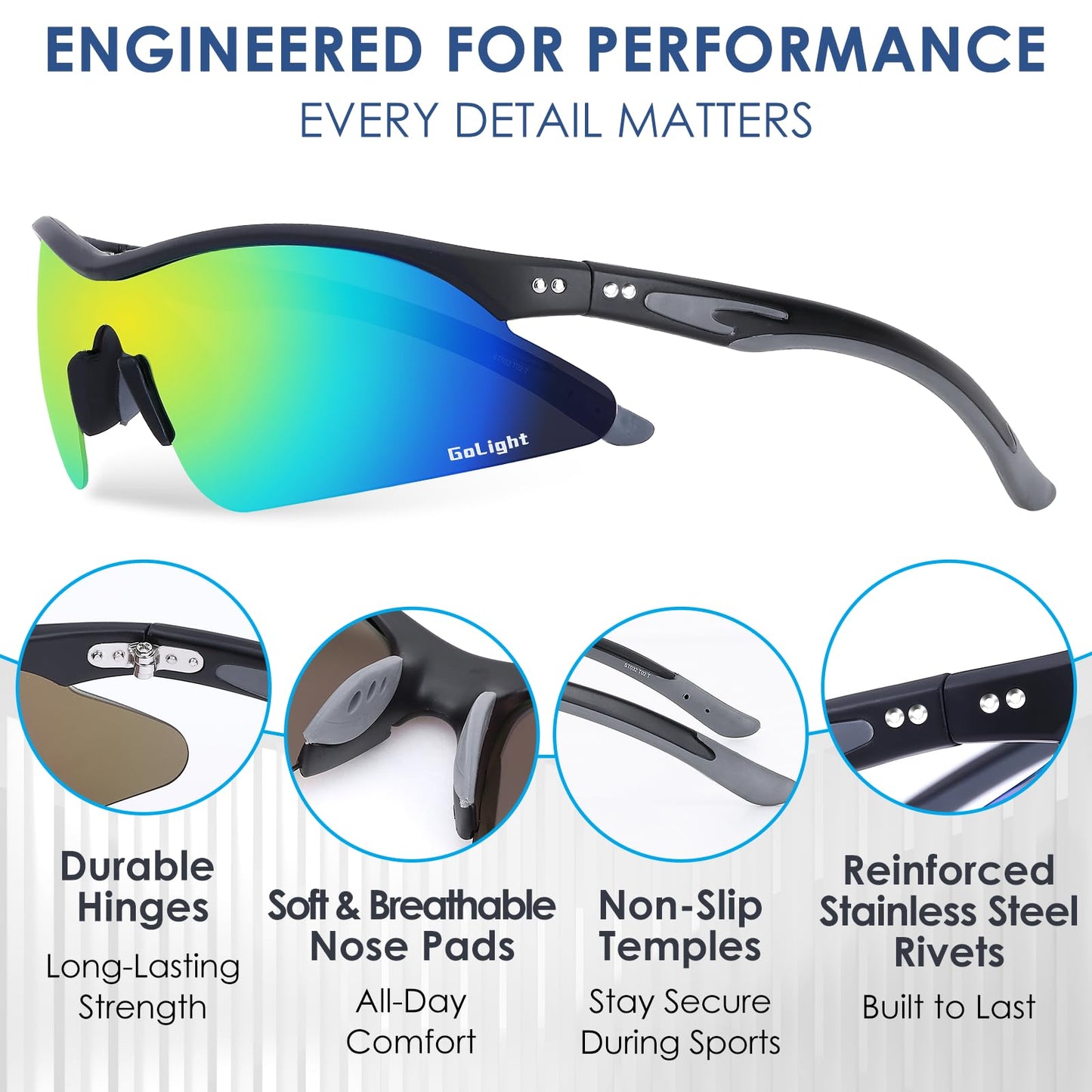 GoLight Polarized Wraparound Sports Sunglasses for Men & Women – UV400 Protection, Anti-Glare TAC Lens, Lightweight Frame with Metal Hinges – Ideal for Running, Driving, Cycling & Outdoor Sports