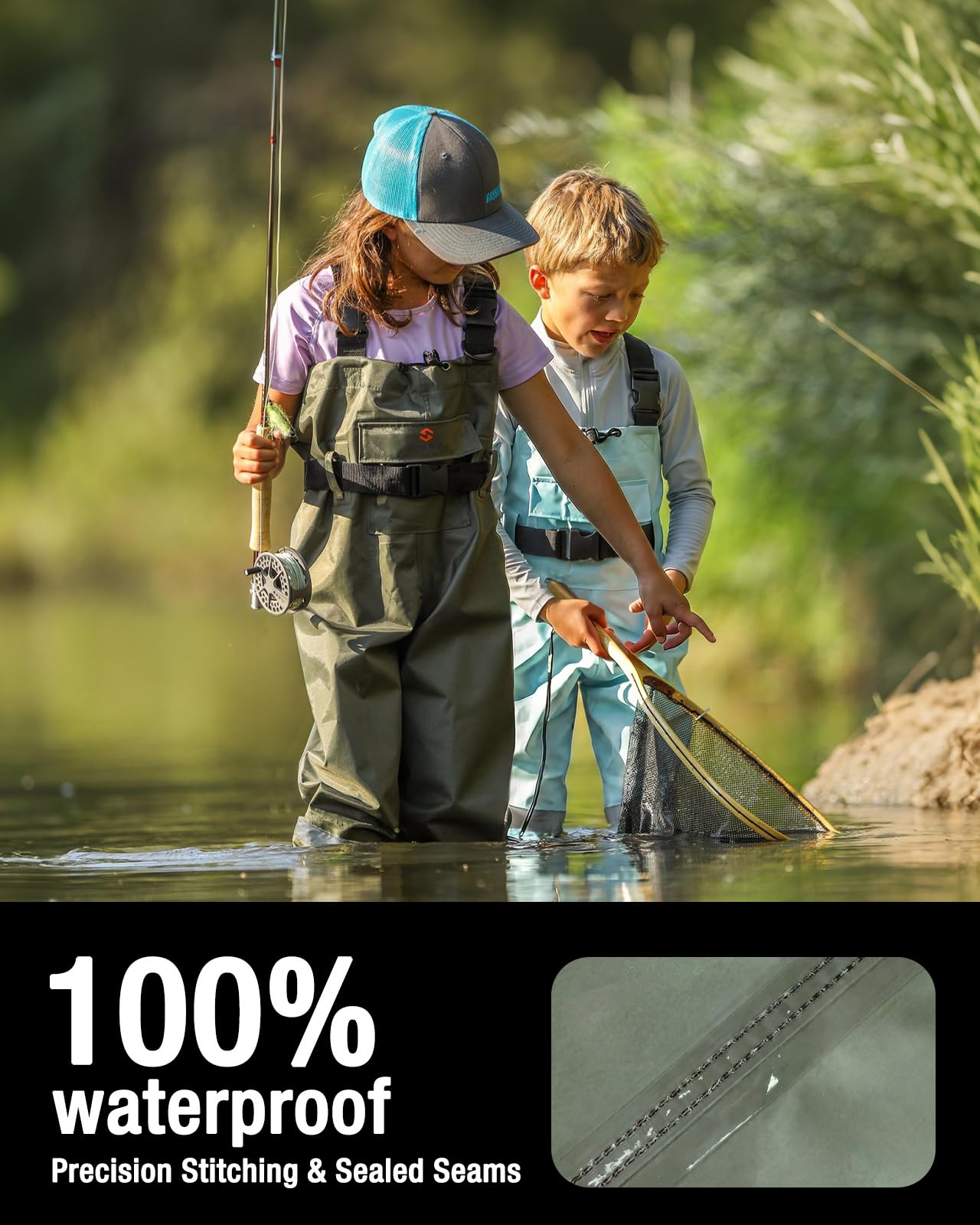 HISEA Kids Chest Waders Nylon/PVC Youth Fishing Waders for Toddler & Children Waterproof Hunting Waders with Boots & Reflect Safety Band