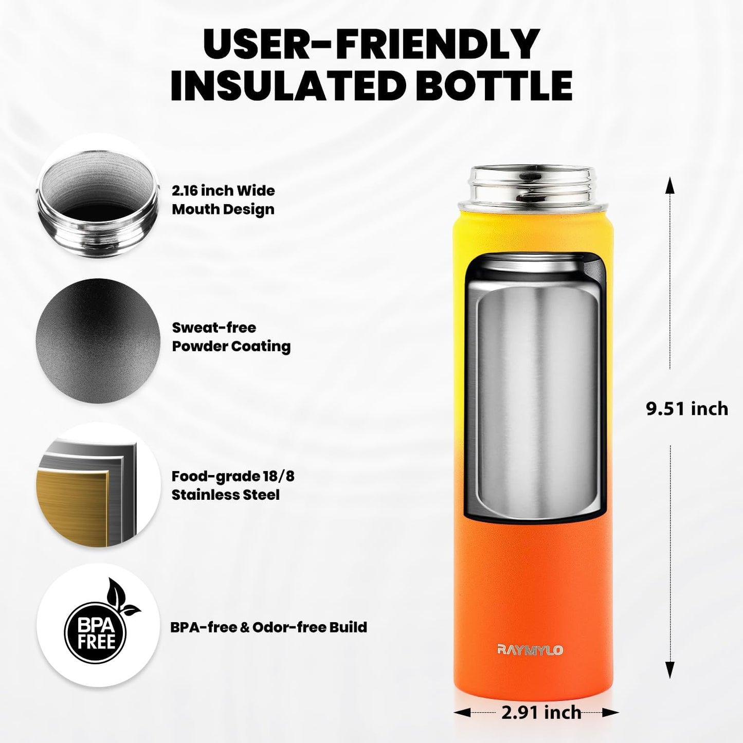 RAYMYLO Insulated Water Bottle - 20 oz Triple Wall Vacuum Stainless Steel | Keeps Drinks Cold for 24Hrs, Hot for 12Hrs, Leak Proof & Non-BPA
