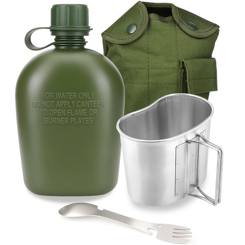 ShenDu Military Canteen, WWII US GI Style 1 Quart Water Canteen Kit with Aluminum Canteen Cup, Stainless Steel Spork & Cover for Camping, Hiking, Backpacking