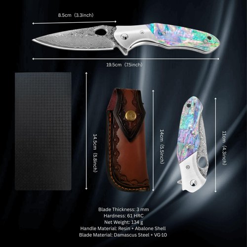 Outdoor Hiking folding knife, wood handle pocket folding knife,damascus hunting Folding Knife,Handmade Forged VG10 Damascus Steel Blade,Genuine Rainbow Handle,EDC Cool Knives for Mens Gift Home