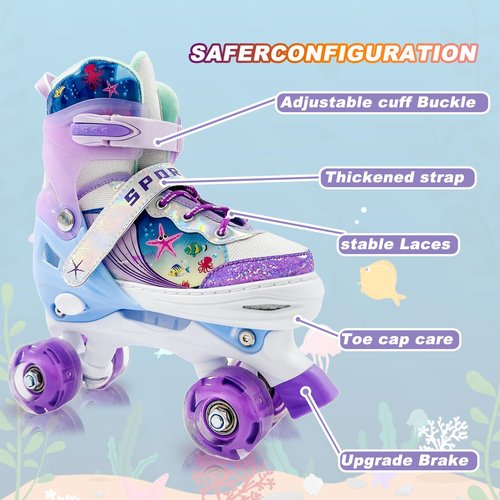Adjustable Kids Roller Skates for Girls and Boys Ages 3-5 5-8 8-12, All 8 Wheels of Girl's Skates Shine, Safe and Fun Illuminating for Outdoor Indoor Sports with Protective Gear Set