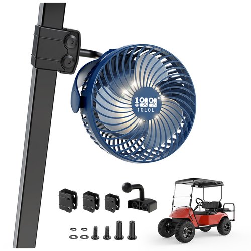 10L0L Golf Cart Fan for All Golf Carts With 56Hrs Runtime - 8000mAh Battery, 3-Speed Cooling, Built-in LED Light, Power Bank Function - Stable ABS Design