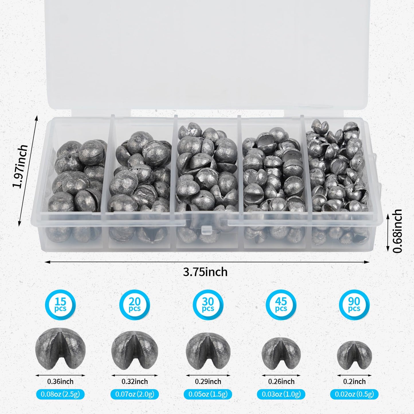 Caleb 200Pcs Split Shot Fishing Weights Sinkers, Removable Drop Shot Weights for Freshwater Saltwater Bass Trout Fly Fishing Accessories - 5 Sizes