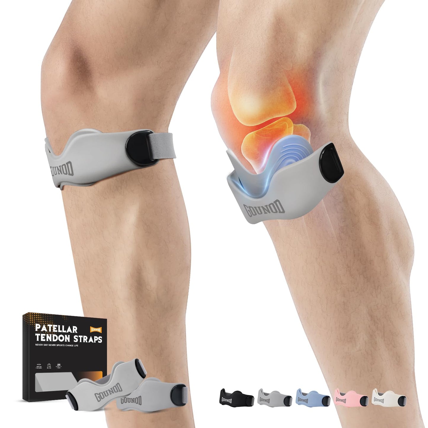 GOUNOD Patellar Tendon Support Strap 2 Pack,Silicone Knee Strap for Knee Pain Relief,Patella Band for Basketball, Jumpers Knee, Tendonitis, Running, Hiking, Soccer, Osgood Schlatter（Grey）
