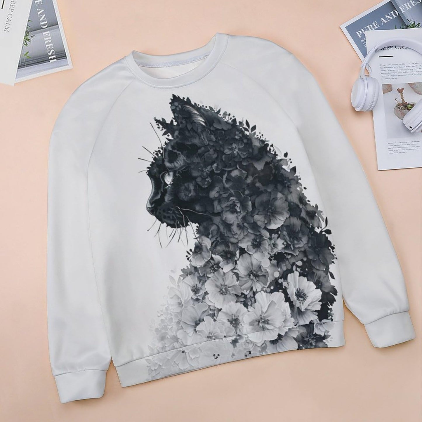 domirica Oversized Sweaters for Women Cute Cat Print Long Sleeve Cotton Oversized Casual Crewneck Warm Sweatshirts Winter Pullover Comfy Westren Fashion Funny Undershirts,L