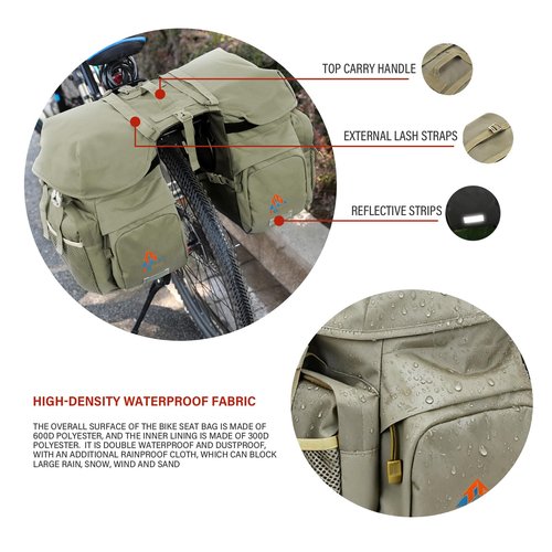TGpao Large Saddle Bags for bike,Waterproof 50L Panier bag for Bicycles/MTB/E-Bike,Bike Trunk Bag With Reflective Stripes (Army green,50L)