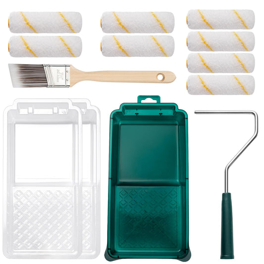 YiBaiBrush Paint Roller Kit, 13 Piece Set, 4 Inch Small Microfiber Roller Covers, Paint Tray with Liners, Paint Brush for Walls, Mini Roller for Painting, Painting Supplies for House Painting