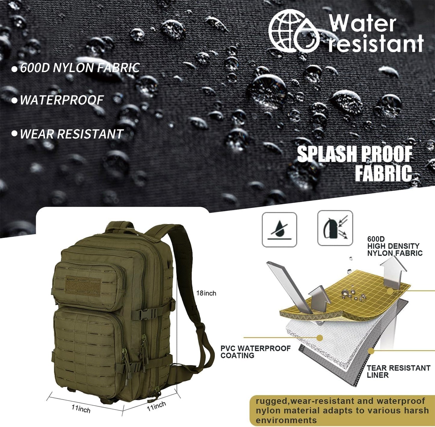 Skiennix 40L Tactical Military Backpack - Durable Assault Pack with Molle for Hiking | Green