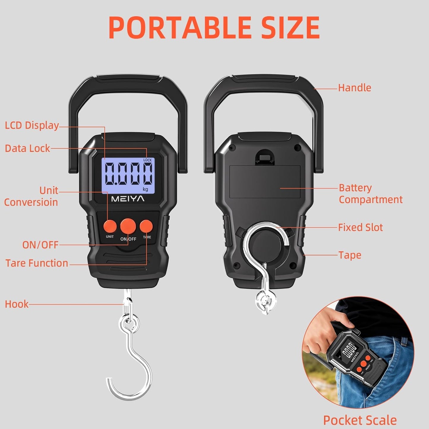 MEIYA Digital Fish Scale - Accurate 110lb/50kg Capacity | Backlit LCD Display & Hook Included