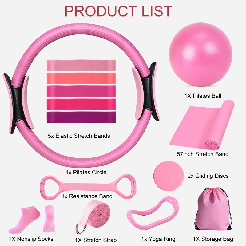 Pilates Kit for Home Workouts, Pilates Equipment Set with Ring, Ball, 5 Resistance Bands, Magic Circle Hoop, Gliding Discs, Compact Toning Fitness Essentials Starter Accessories Pilates Sets for Women