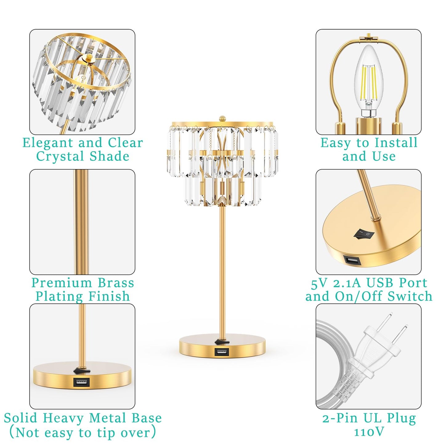 Bedside Lamp for Bedroom, Gold Crystal Table Lamp 18 Inches, Tiffany Clear Crystal Drops, USB Charging Port, E12 Socket, 6W LED Bulb Included, Golden Decorative Desk Light(1 Pack, Brass Finish)