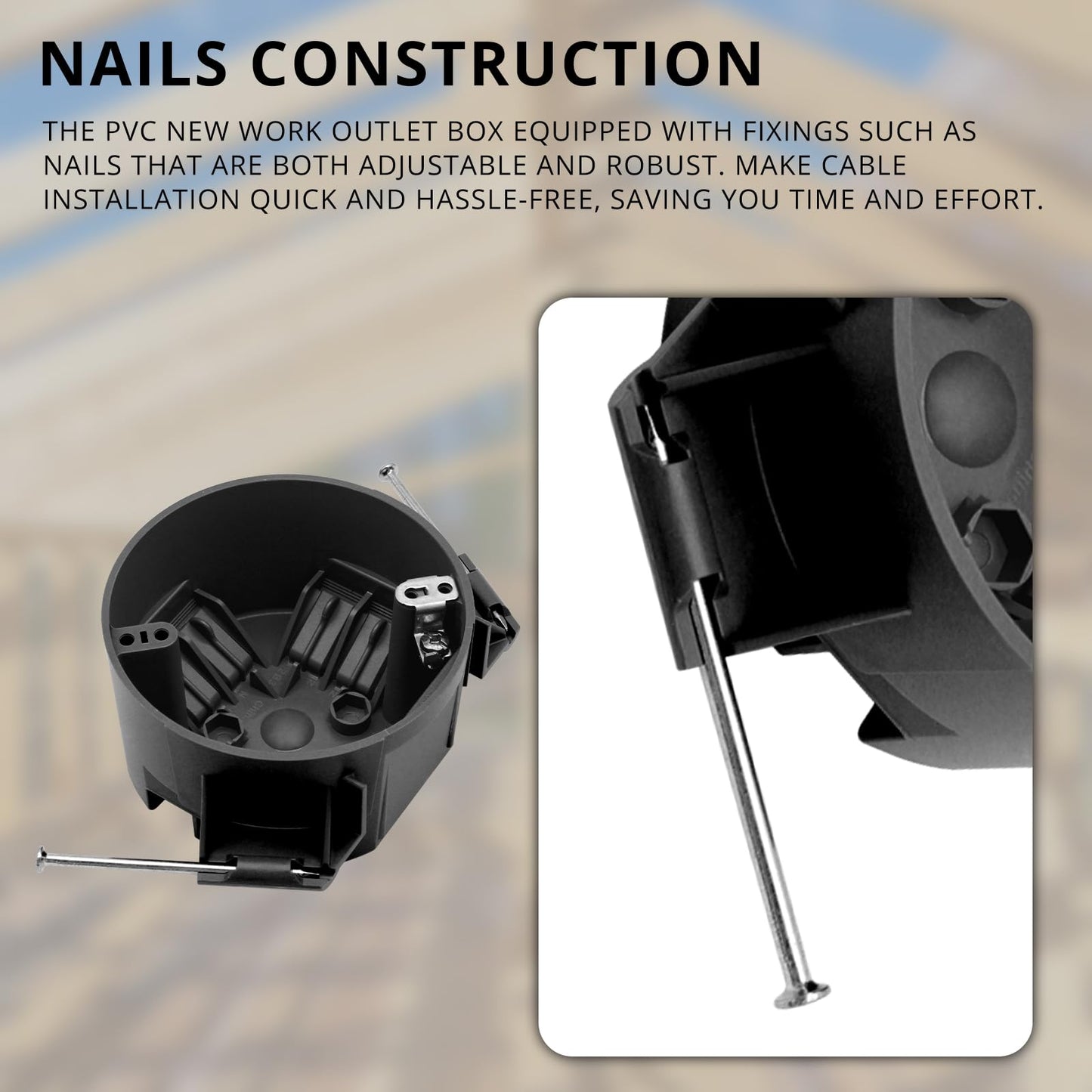 YQMIGU New Work 4" Dia Round Ceiling Nail Electrical Black Box 1-Gang, Home Improvement PVC Electrical Junction Black Box, ETL Listed, 20 Cubic Inch, Suitable for Residential Renovation(2 Pack)