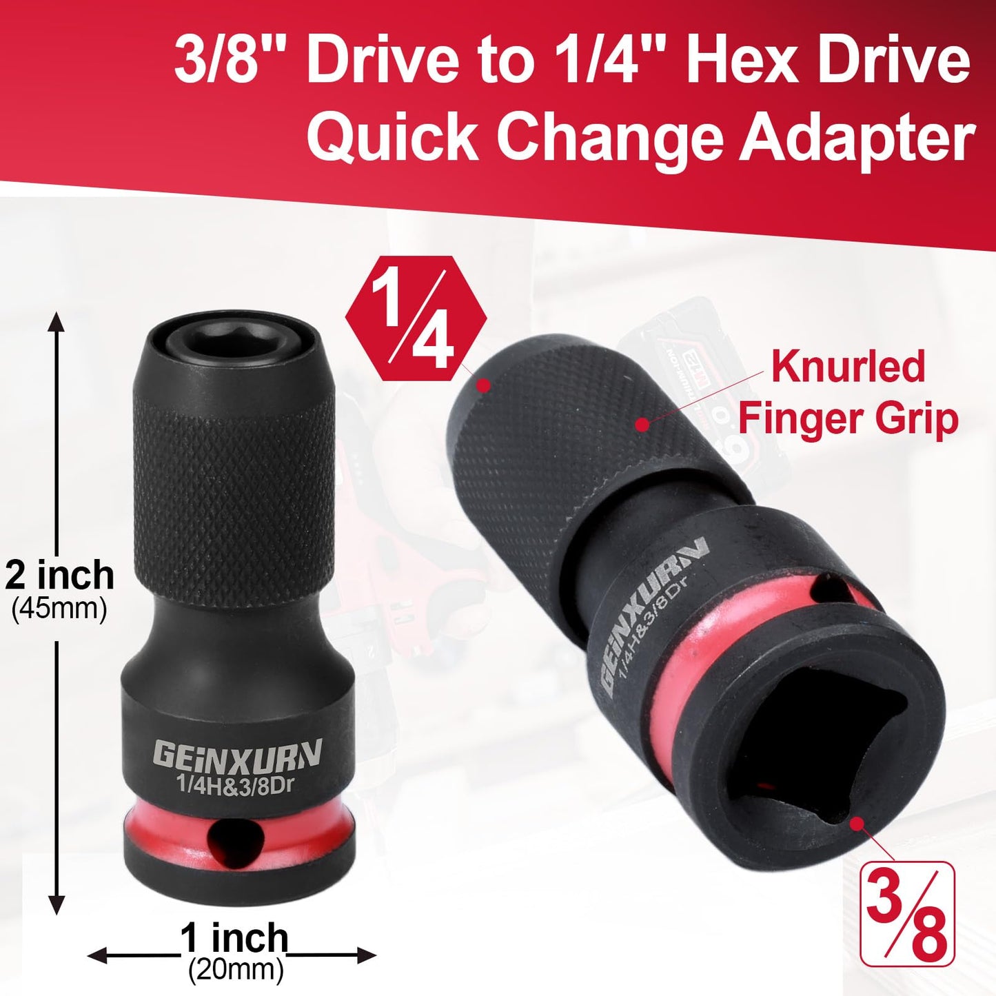 Geinxurn 2PCS Impact Screwdriver Bit Holders, 3/8-Inch Square Drive to 1/4-Inch Quick Release Hex Socket Adapter for Impact Wrench
