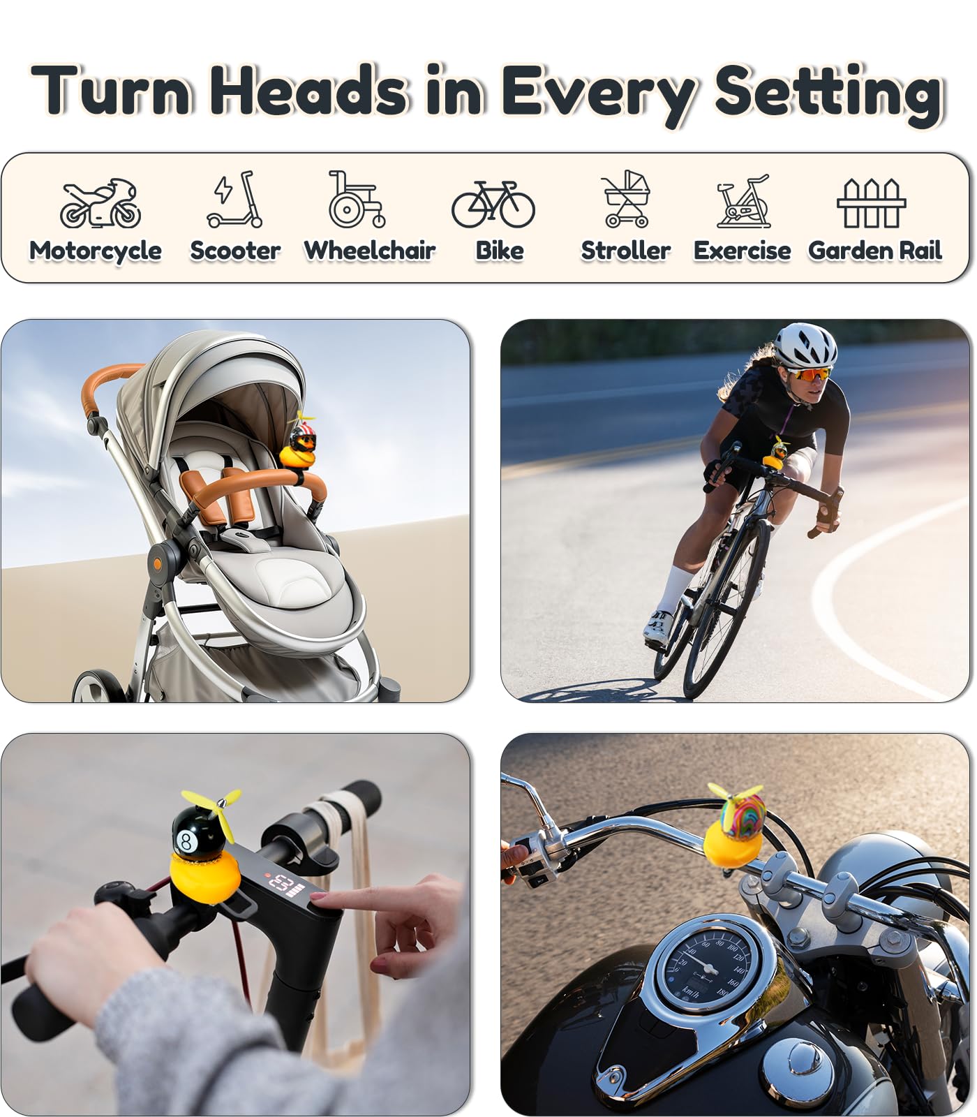 EMPATHECH Rubber Duck Bike Decorations Stable Clamp Mount Cute Duck Bike Bell Two Helmet Propeller Bike Accessories e Scooter Accessories Motorcycle Accessories Cycling Gifts Black Shark
