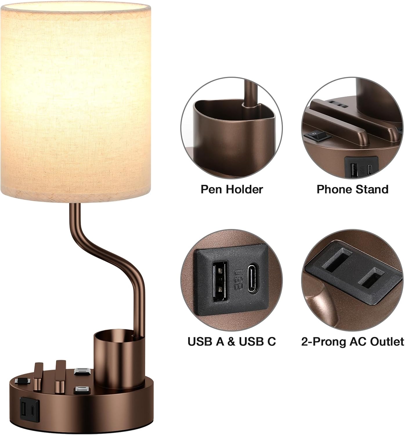 Set of 2 Bedside Table Lamps with USB & AC Outlet - 3 Color Temperatures, Desk Light & Phone Stand for Bedroom, Living Room, Office