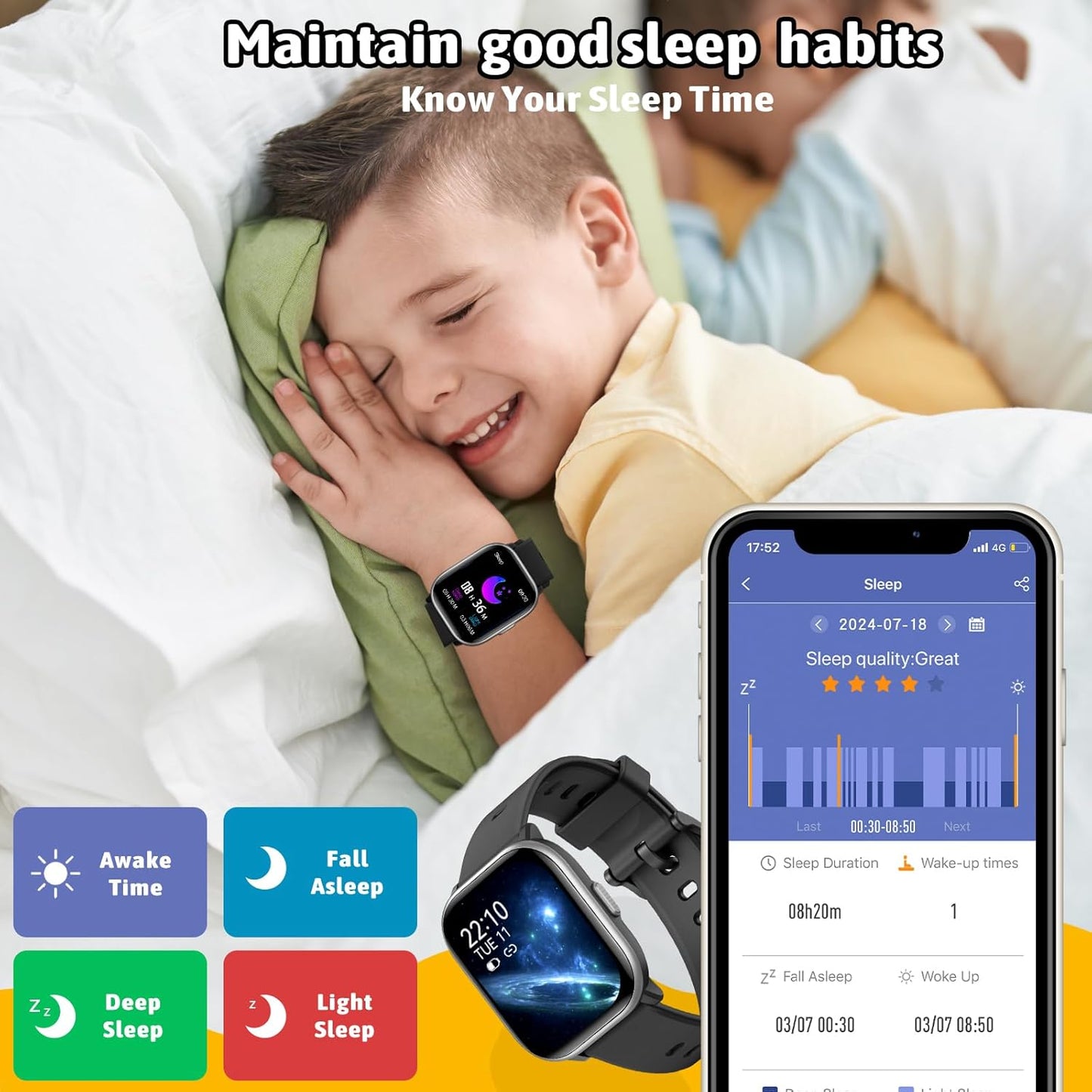 Skiennix SmartWatch for Kids - 20 Sport Modes, Pedometer & Sleep Monitor | Black, Ages 6-16