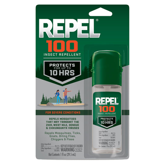 Repel 100 Insect Repellent, 1 Ounce, With DEET, 10-Hour Protection Long-Lasting Insect Repellent Travel Pump Spray Repels Mosquitoes, Ticks, Gnats, Biting Flies, Chiggers And Fleas