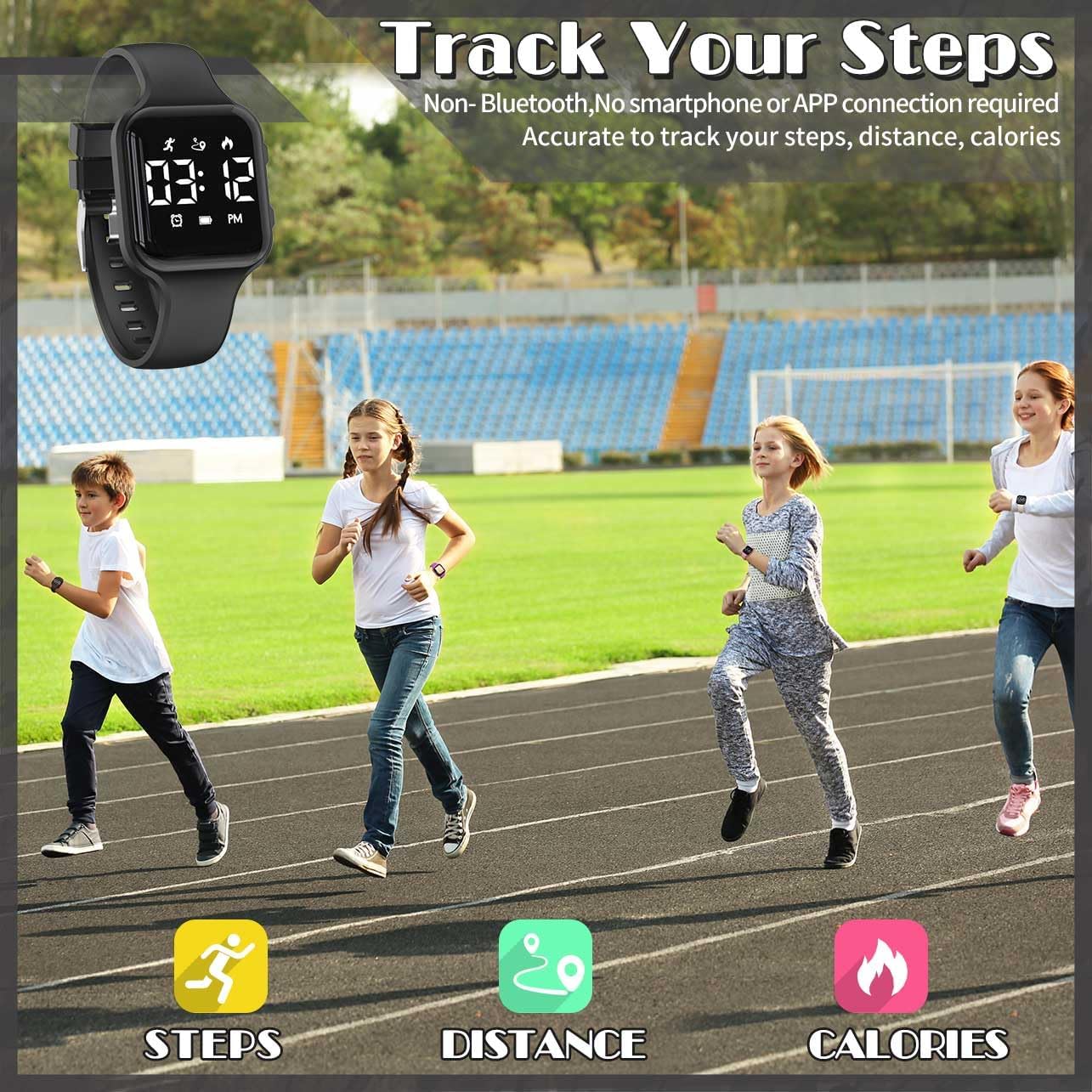 Skiennix Children’s Fitness Tracker Watch - Waterproof Digital Step Counter with Pedometer & Alarm (Black)