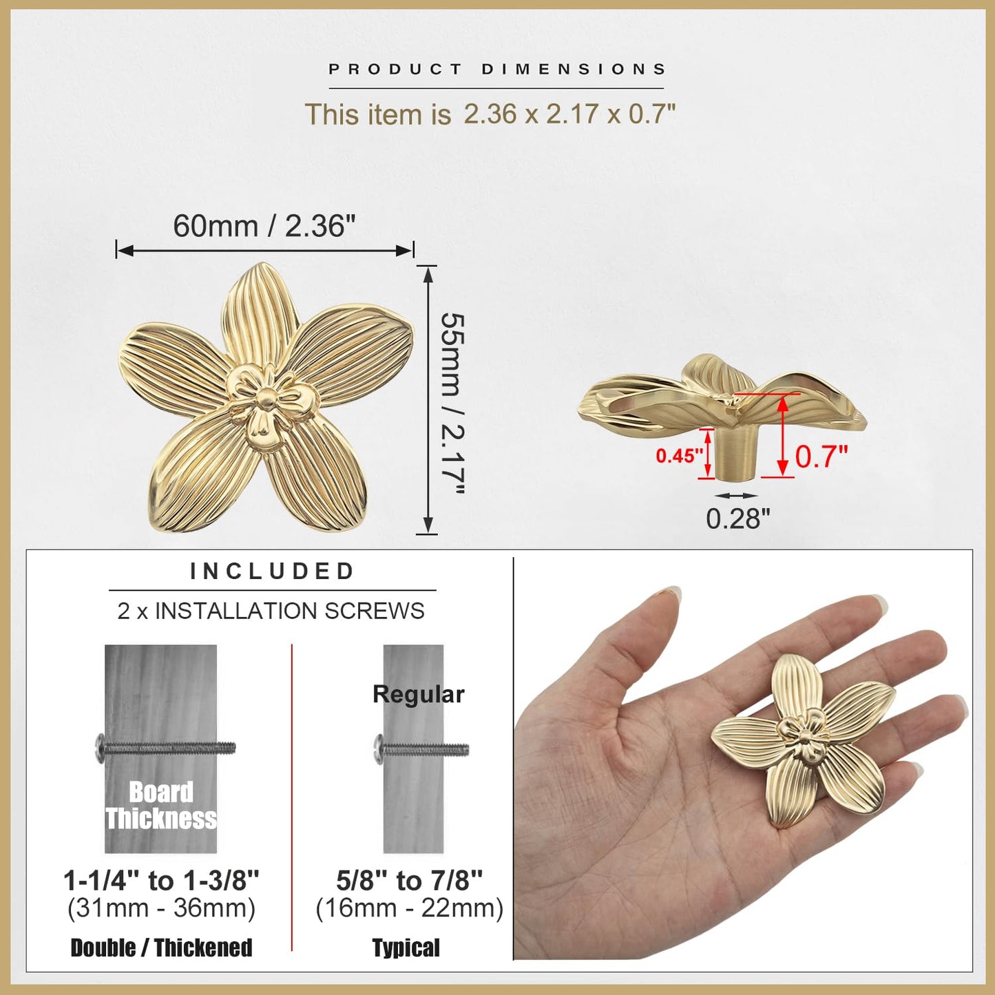 YEMCHI 2 Pack Gold Flower Knobs for Dresser Drawers, 2.36 inch Brushed Gold Cabinet Door Handles, Kitchen Cabinet Pulls for Drawer, Vanity Knobs of Bathroom Decoration Furniture Hardware (2 Flower)