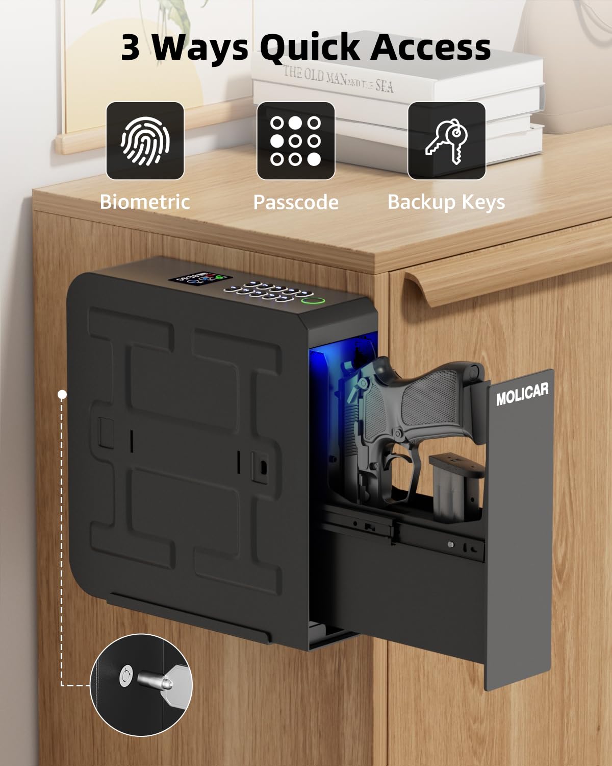 Biometric Gun Safe for Handgun Fingerprint 3 Ways Quick Access Slider Pistol Safe, Mounted Bedside Gun Lock Box for Nightstand, Bed, Desk, Wall, Dresser