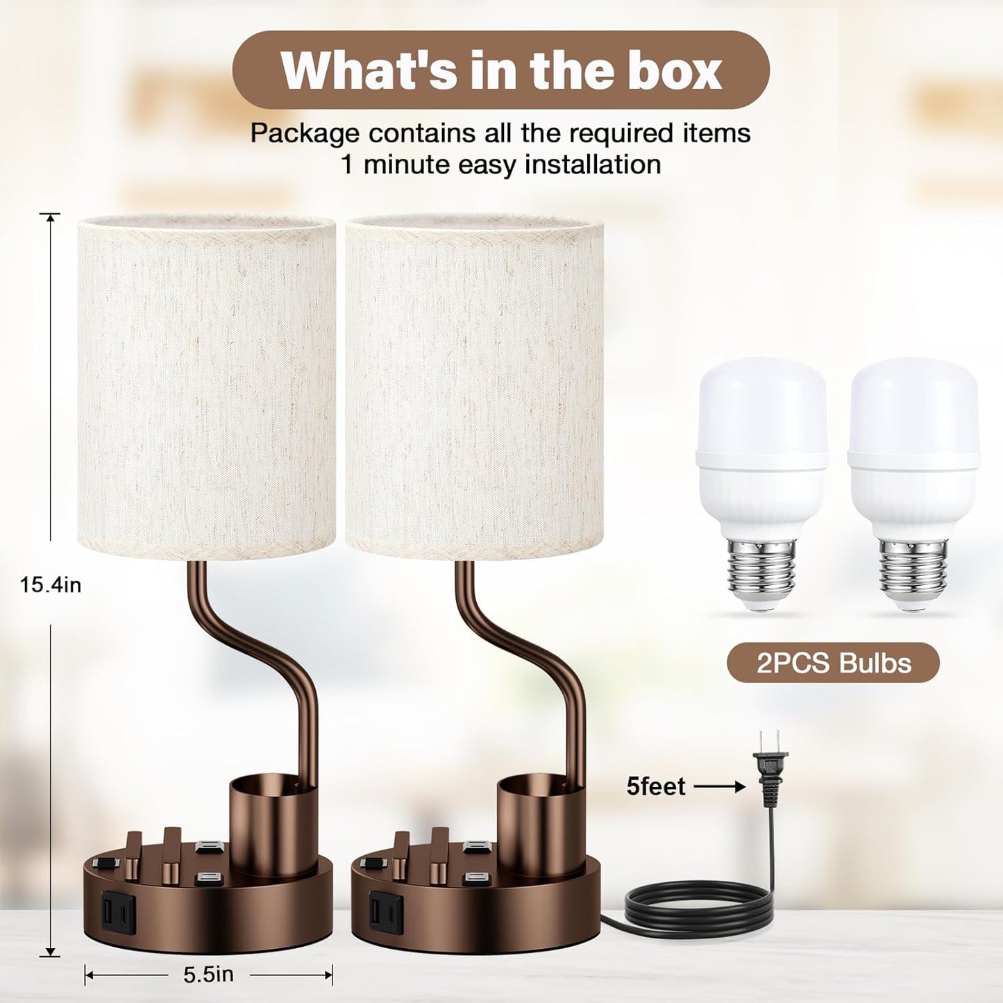 Set of 2 Bedside Table Lamps with USB & AC Outlet - 3 Color Temperatures, Desk Light & Phone Stand for Bedroom, Living Room, Office