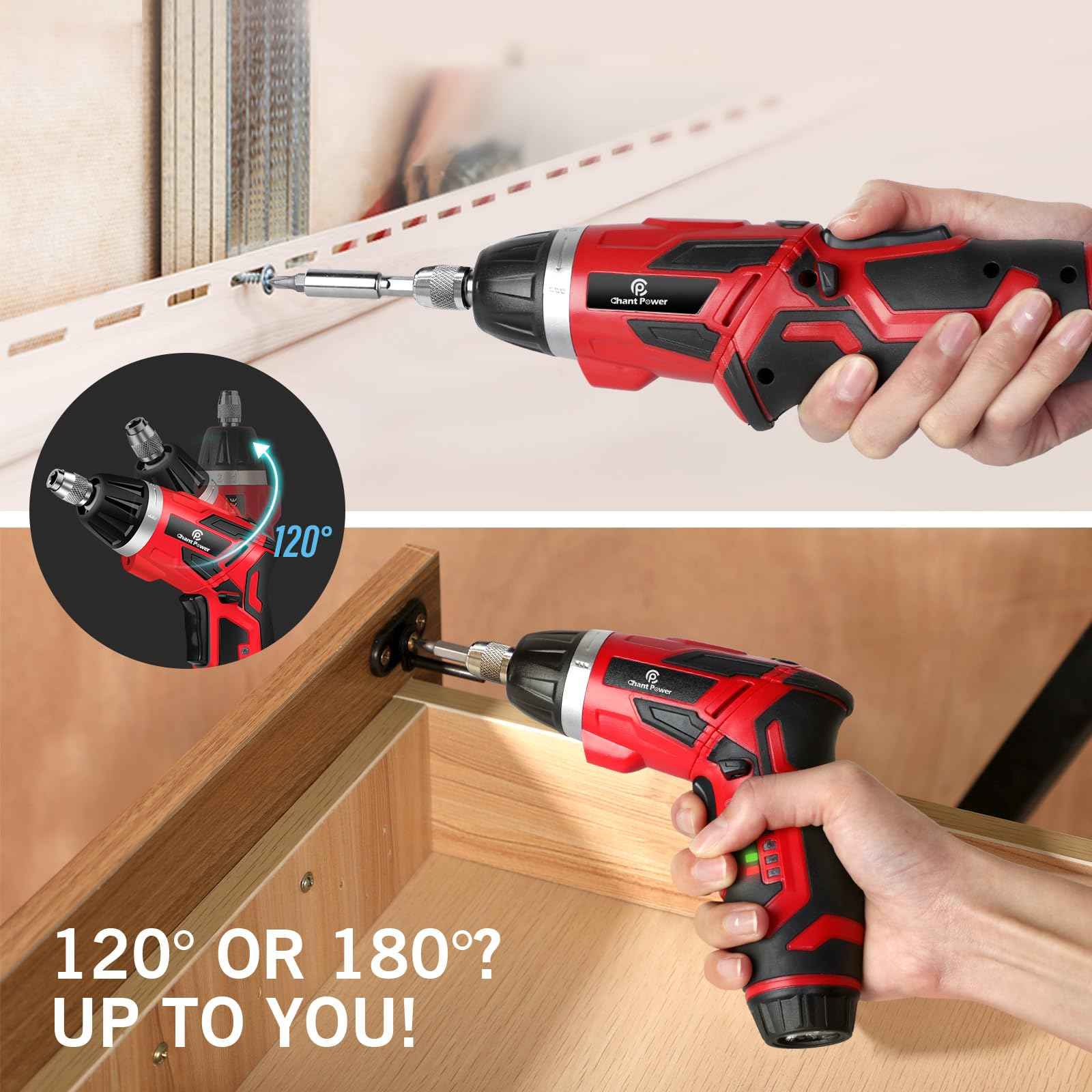 C P CHANTPOWER Cordless Electric Screwdriver Set，6+1 Torque Gears,1/4'' Hex Self-Lock Chuck, 4V Rechargeable lightweight Screwdriver with 11 pcs Accessories, Flashlight, Charger Red