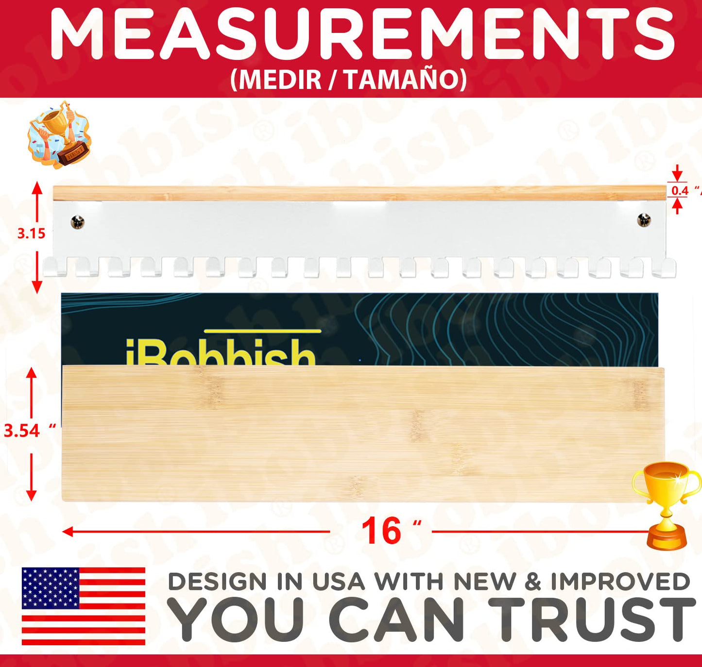 iBobbish White Trophy and Medal Display Shelf 16inchL,Metal Trophy Shelf with 20 Hooks Upgraded,Large Trophy Board Display,Sturdy for Medals in White