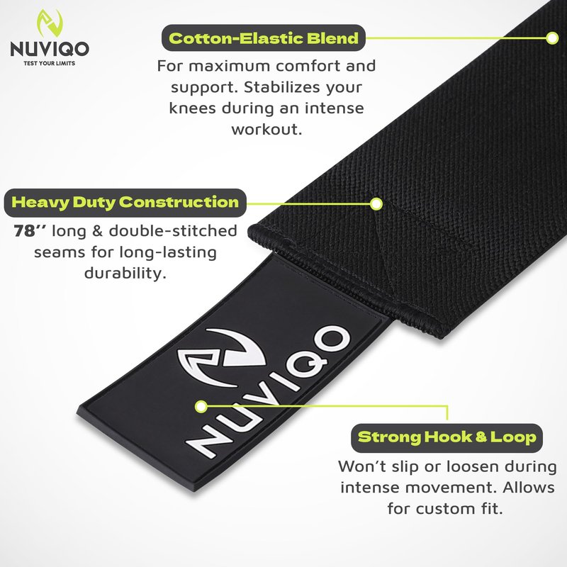 Nuviqo Knee Wraps (Pair) for Weightlifting – 78 Inch Maximum Compression Wrap for Squats & Pain Relief, Ideal for Men & Women, Powerlifting, Cross Training & Leg Day in the Gym