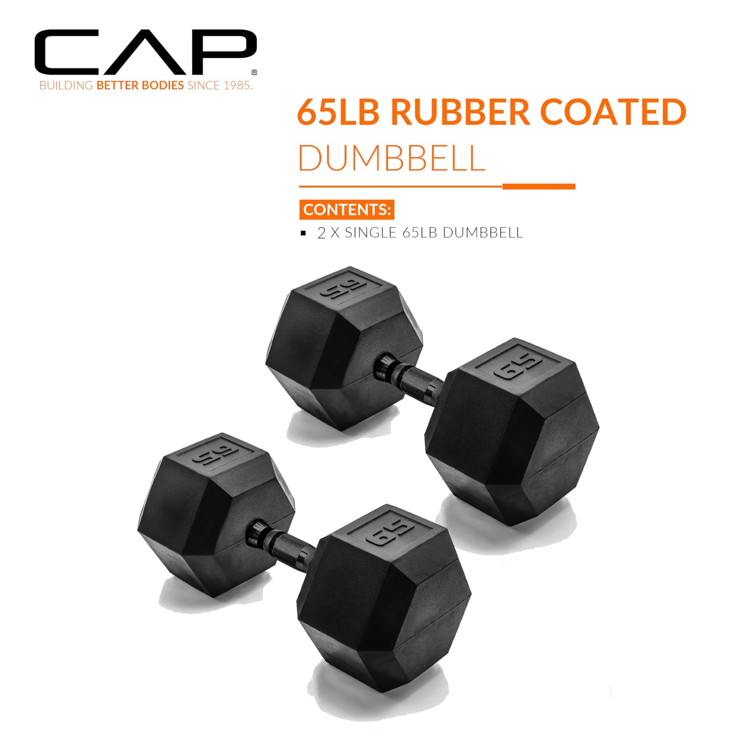 CAP 65 LB Rubber Coated Hex Dumbbell Weight, Rubber Free Weights for Home Gym Strength Training, Black Oxide Handle, Pair